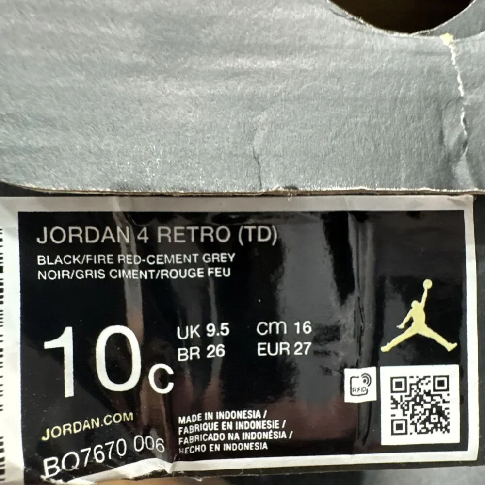 Nike Air Jordan 4 Retro TD Bred Black Cement Fire Red Toddler 10C NIB Hype